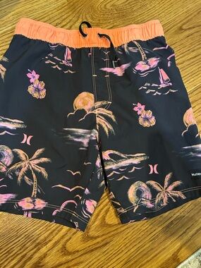 Hurley Black Swim Shorts with Coral and Pink Tropical Print Size 7/8